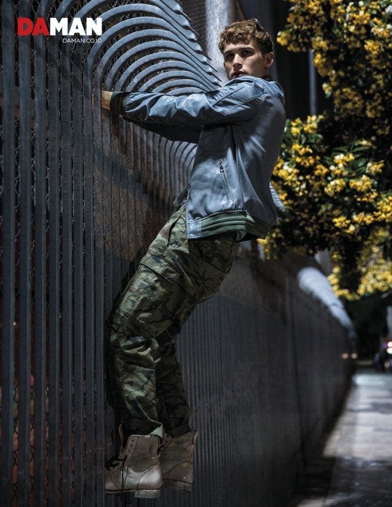 Jacket and T-shirt by Guess, pants by Denham, boots by John Varvatos